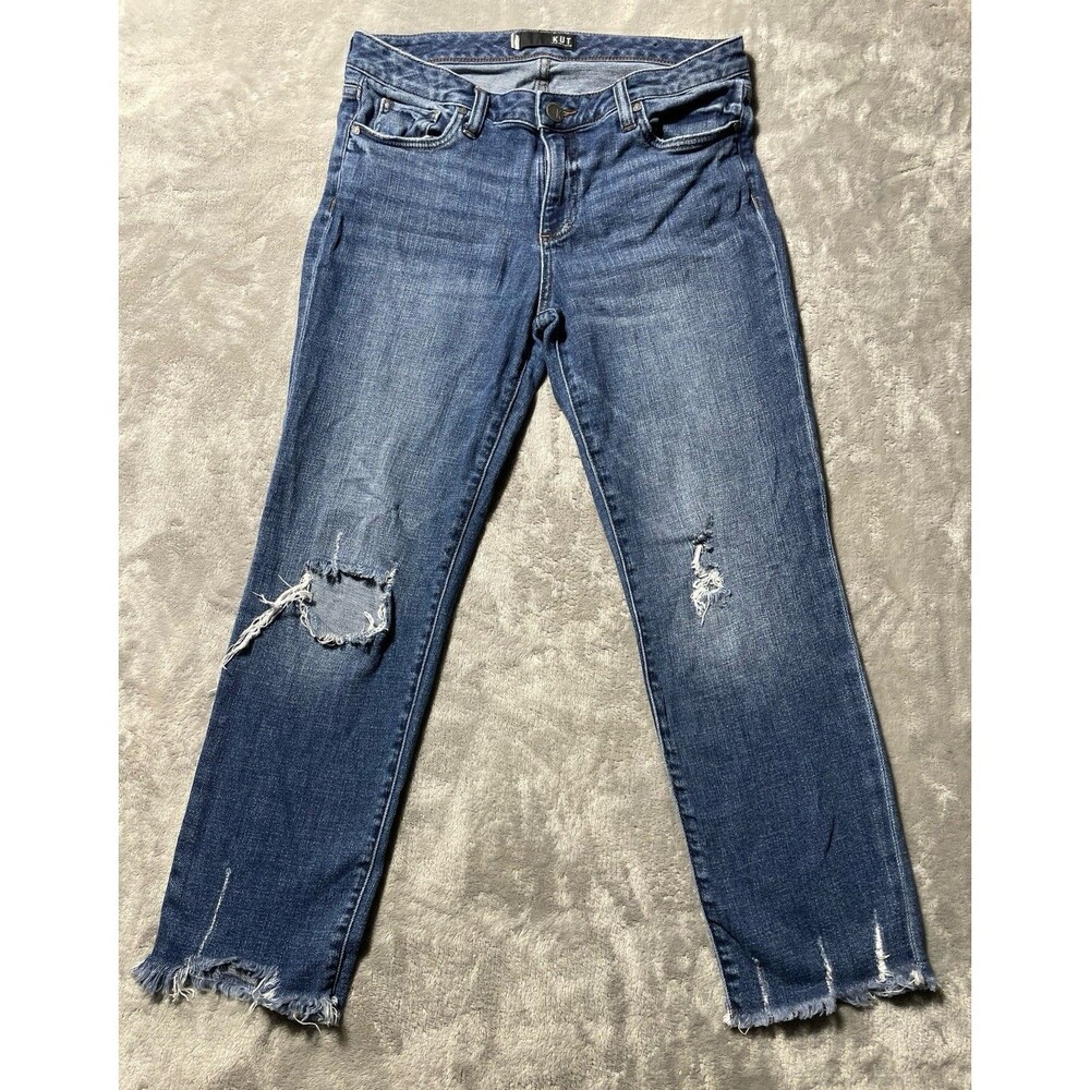 KUT from the Kloth Reese Ankle Straight Leg Jeans Women 8 Blue Distressed Hem